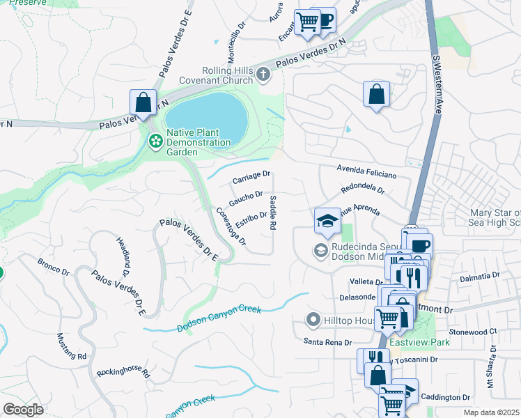 map of restaurants, bars, coffee shops, grocery stores, and more near 2219 Estribo Drive in Rolling Hills Estates