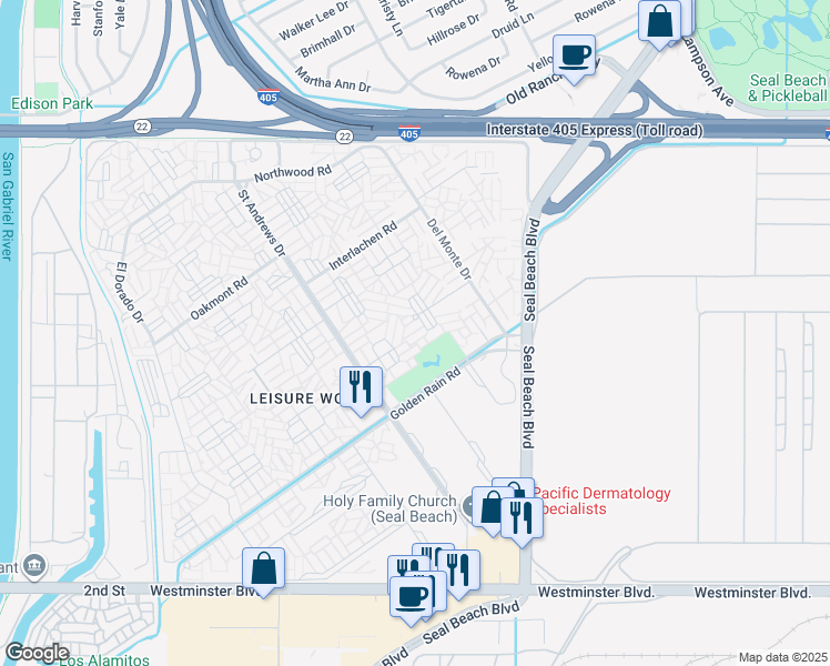 map of restaurants, bars, coffee shops, grocery stores, and more near 1740 Sunningdale Road in Seal Beach