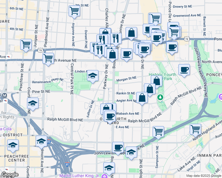 map of restaurants, bars, coffee shops, grocery stores, and more near 496 Boulevard Northeast in Atlanta