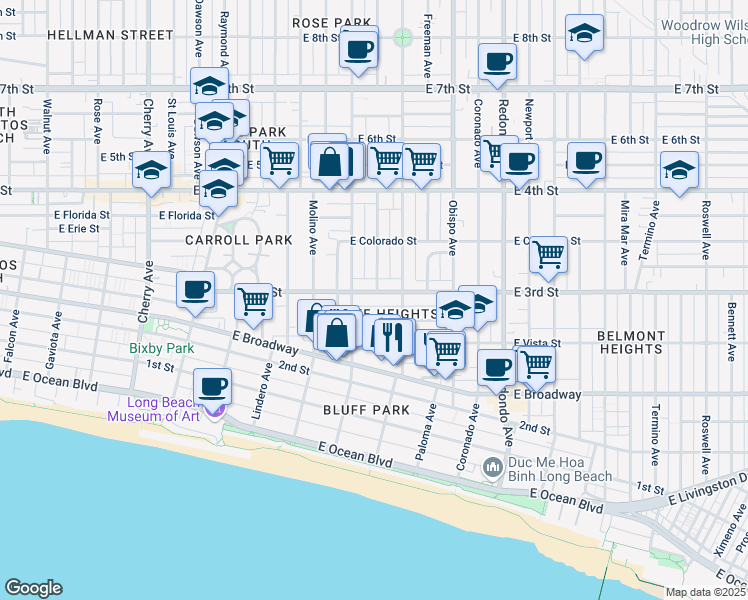 map of restaurants, bars, coffee shops, grocery stores, and more near in Long Beach