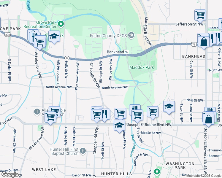 map of restaurants, bars, coffee shops, grocery stores, and more near 1324 North Avenue Northwest in Atlanta