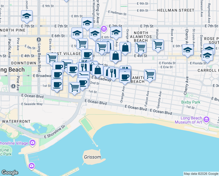map of restaurants, bars, coffee shops, grocery stores, and more near 1074 2nd Street in Long Beach