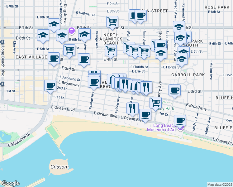 map of restaurants, bars, coffee shops, grocery stores, and more near 1424 East Broadway in Long Beach