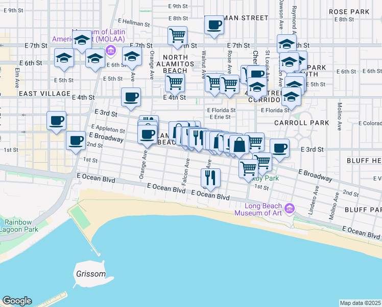 map of restaurants, bars, coffee shops, grocery stores, and more near 224 Falcon Avenue in Long Beach