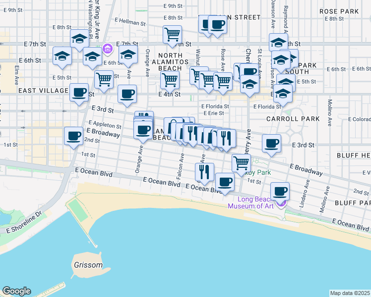 map of restaurants, bars, coffee shops, grocery stores, and more near 224 Falcon Avenue in Long Beach