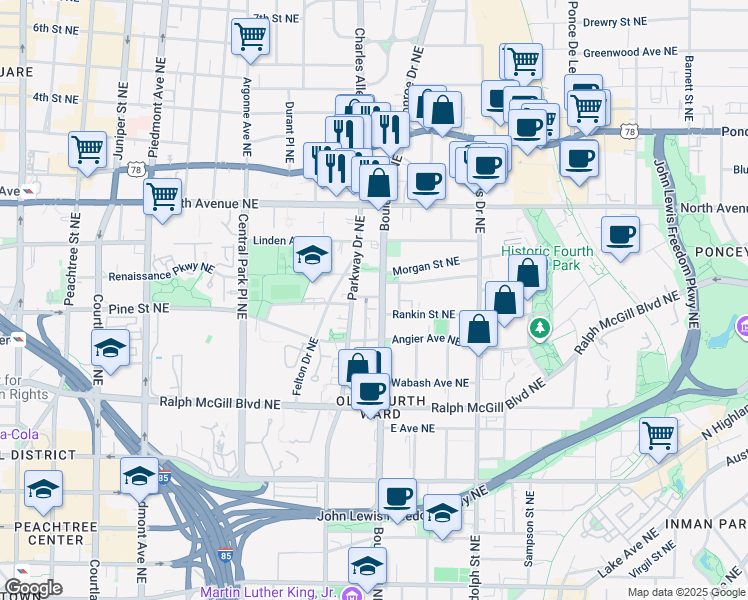 map of restaurants, bars, coffee shops, grocery stores, and more near 496 Boulevard Northeast in Atlanta