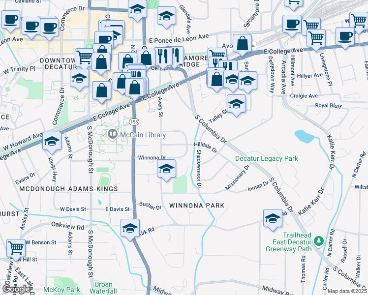 map of restaurants, bars, coffee shops, grocery stores, and more near 266 Winnona Dr in Decatur
