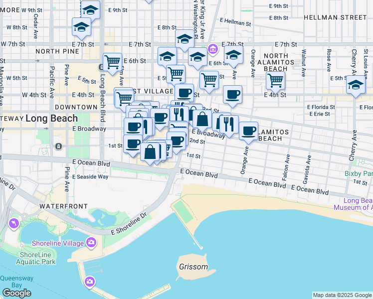 map of restaurants, bars, coffee shops, grocery stores, and more near 120 Alamitos Avenue in Long Beach