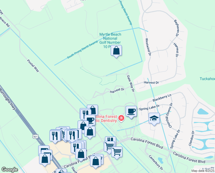 map of restaurants, bars, coffee shops, grocery stores, and more near 4990 Windsor Green Way in Myrtle Beach