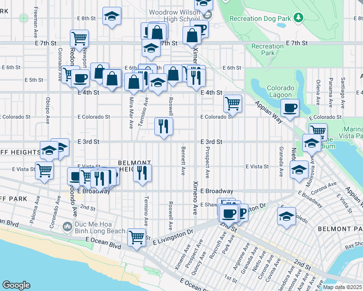map of restaurants, bars, coffee shops, grocery stores, and more near 275 Bennett Avenue in Long Beach