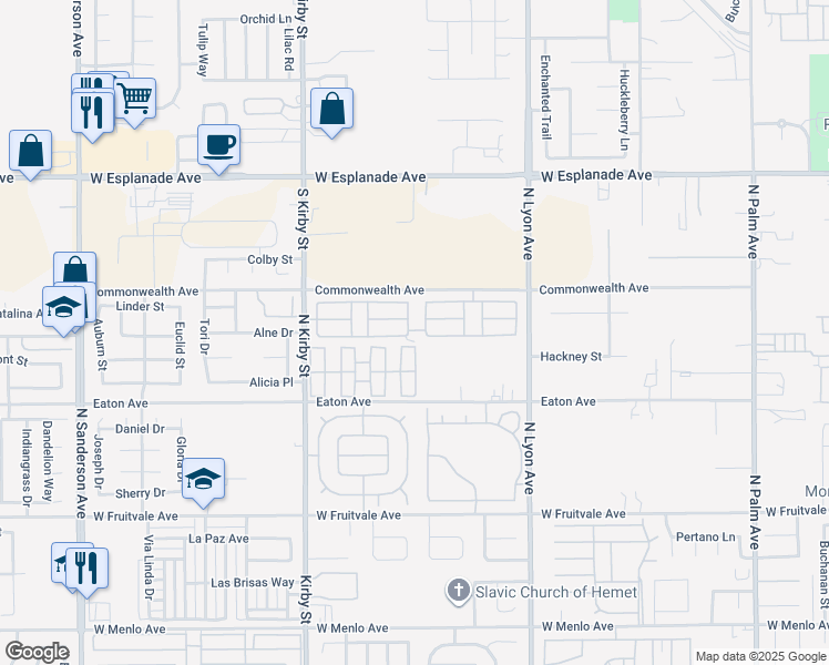 map of restaurants, bars, coffee shops, grocery stores, and more near 623 Commonwealth Avenue in Hemet