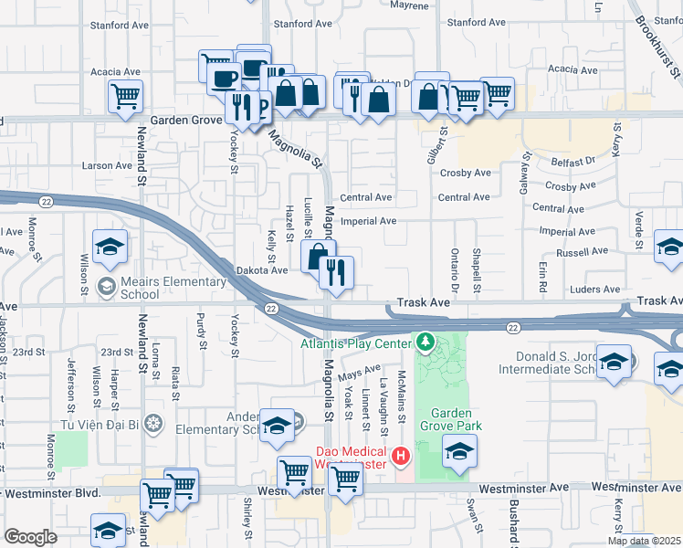 map of restaurants, bars, coffee shops, grocery stores, and more near 13392 Magnolia Street in Garden Grove