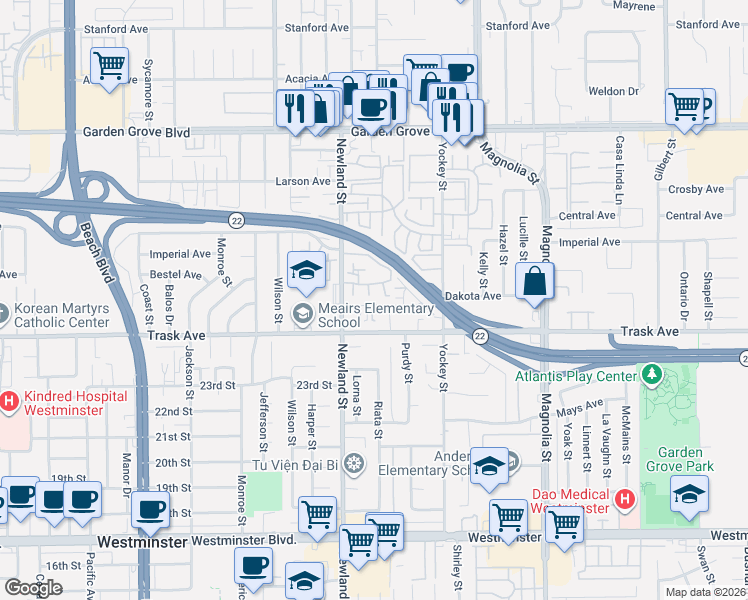 map of restaurants, bars, coffee shops, grocery stores, and more near 8561 Gloria Avenue in Garden Grove