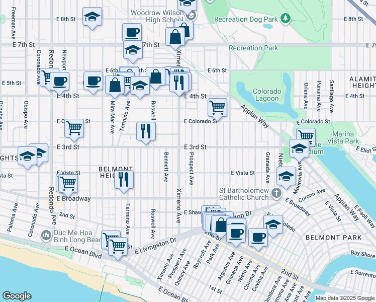 map of restaurants, bars, coffee shops, grocery stores, and more near in Long Beach