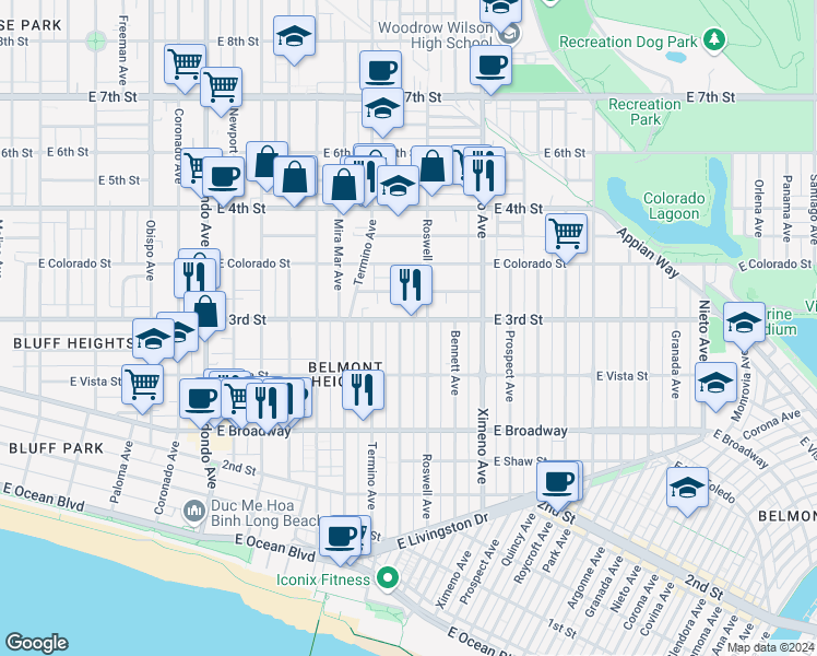 map of restaurants, bars, coffee shops, grocery stores, and more near 4100 East 3rd Street in Long Beach