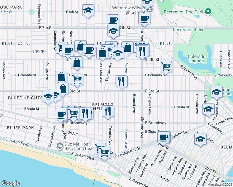 map of restaurants, bars, coffee shops, grocery stores, and more near 4100 East 3rd Street in Long Beach
