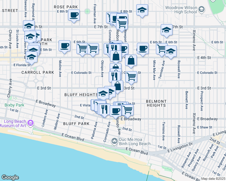 map of restaurants, bars, coffee shops, grocery stores, and more near 3300 East 3rd Street in Long Beach