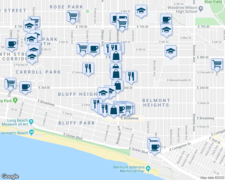 map of restaurants, bars, coffee shops, grocery stores, and more near 3300 East 3rd Street in Long Beach