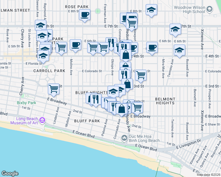 map of restaurants, bars, coffee shops, grocery stores, and more near in Long Beach