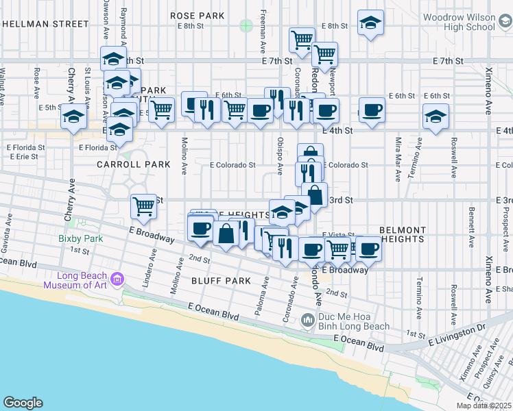 map of restaurants, bars, coffee shops, grocery stores, and more near 292 Orizaba Avenue in Long Beach