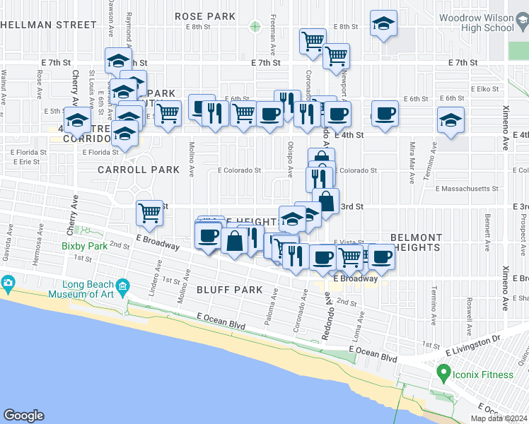 map of restaurants, bars, coffee shops, grocery stores, and more near 292 Orizaba Avenue in Long Beach