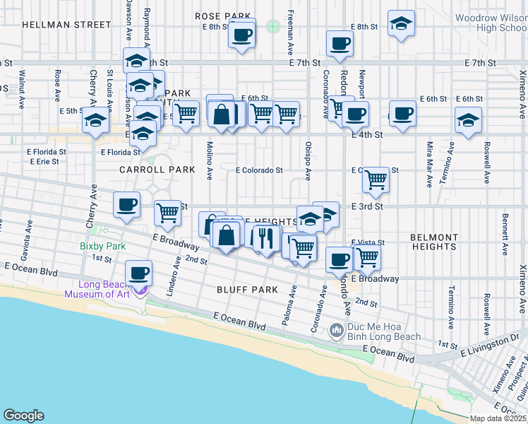 map of restaurants, bars, coffee shops, grocery stores, and more near in Long Beach