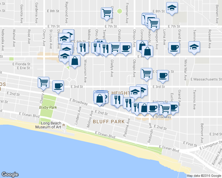 map of restaurants, bars, coffee shops, grocery stores, and more near in Long Beach