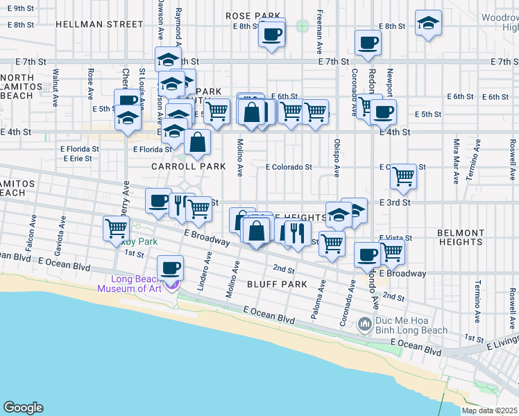 map of restaurants, bars, coffee shops, grocery stores, and more near 2750 Colorado Place in Long Beach
