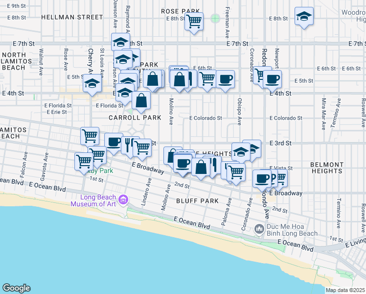 map of restaurants, bars, coffee shops, grocery stores, and more near 2750 Colorado Place in Long Beach