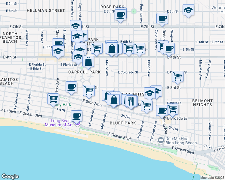 map of restaurants, bars, coffee shops, grocery stores, and more near 2750 Colorado Place in Long Beach