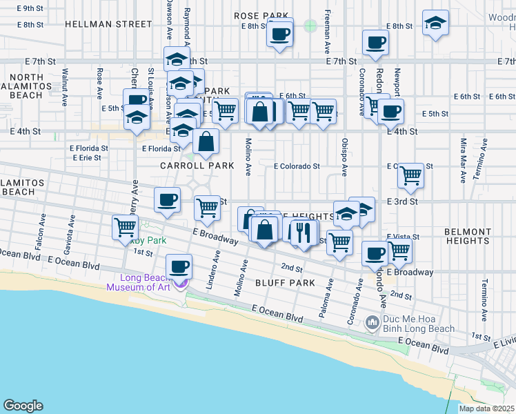 map of restaurants, bars, coffee shops, grocery stores, and more near 2750 Colorado Place in Long Beach