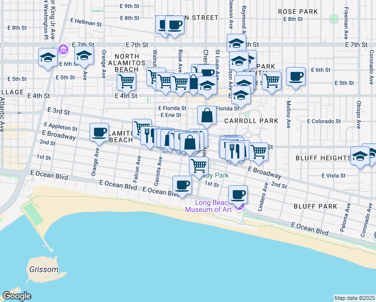 map of restaurants, bars, coffee shops, grocery stores, and more near in Long Beach