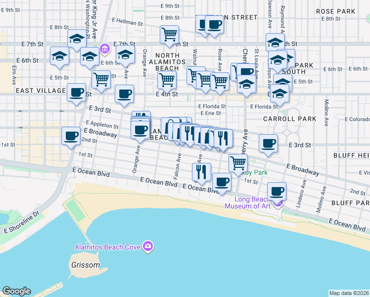 map of restaurants, bars, coffee shops, grocery stores, and more near 1509 East Broadway in Long Beach
