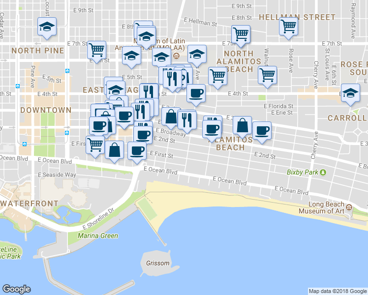 map of restaurants, bars, coffee shops, grocery stores, and more near 1074 2nd Street in Long Beach