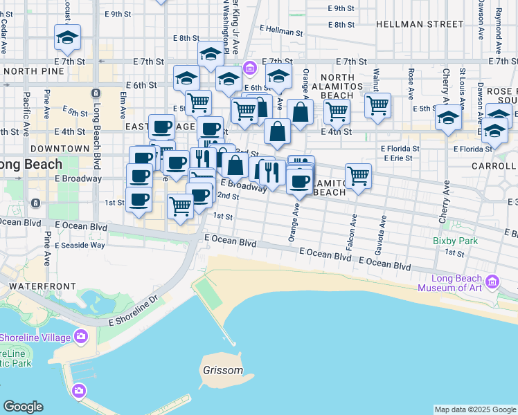 map of restaurants, bars, coffee shops, grocery stores, and more near 1066 2nd Street in Long Beach