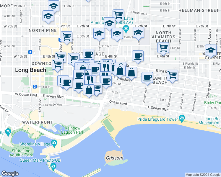 map of restaurants, bars, coffee shops, grocery stores, and more near 150 Alamitos Avenue in Long Beach