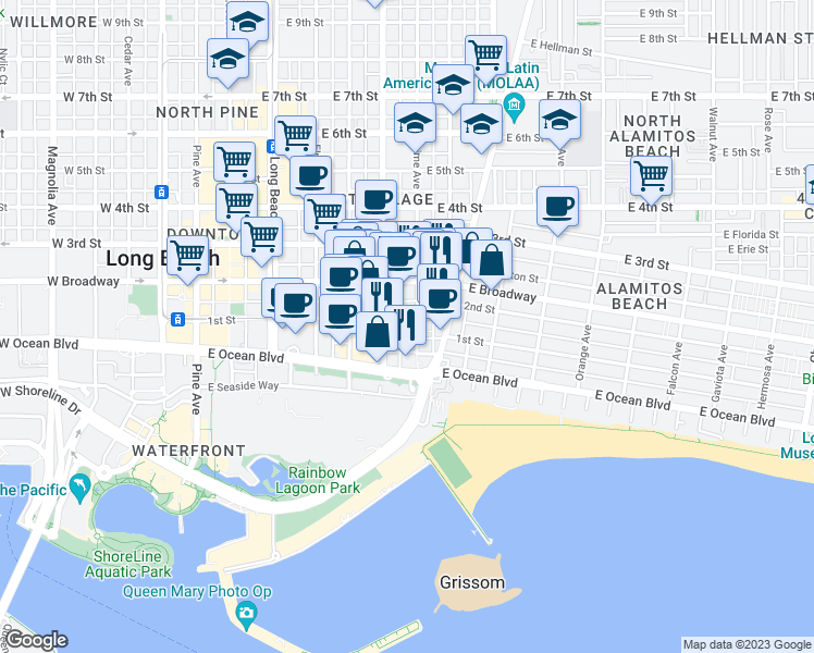 map of restaurants, bars, coffee shops, grocery stores, and more near 700 Lime Avenue in Long Beach
