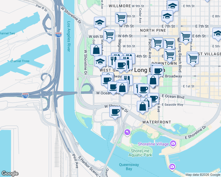 map of restaurants, bars, coffee shops, grocery stores, and more near in Long Beach