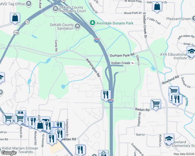 map of restaurants, bars, coffee shops, grocery stores, and more near 3840 Kensington Road in Decatur