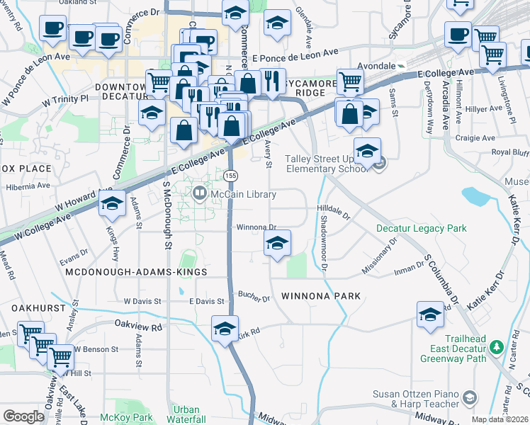 map of restaurants, bars, coffee shops, grocery stores, and more near 223 Avery Street in Decatur