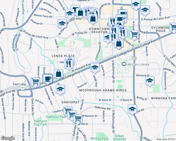 map of restaurants, bars, coffee shops, grocery stores, and more near 318 West College Avenue in Decatur