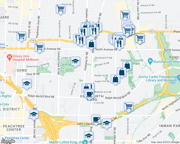 map of restaurants, bars, coffee shops, grocery stores, and more near in Atlanta