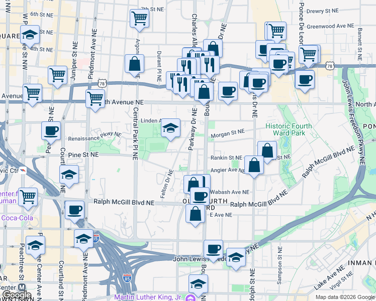 map of restaurants, bars, coffee shops, grocery stores, and more near 500 Parkway Drive Northeast in Atlanta