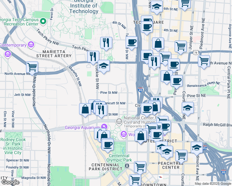 map of restaurants, bars, coffee shops, grocery stores, and more near in Atlanta