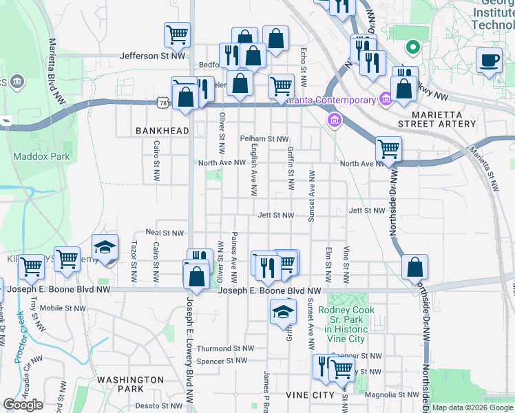 map of restaurants, bars, coffee shops, grocery stores, and more near 483 English Avenue Northwest in Atlanta