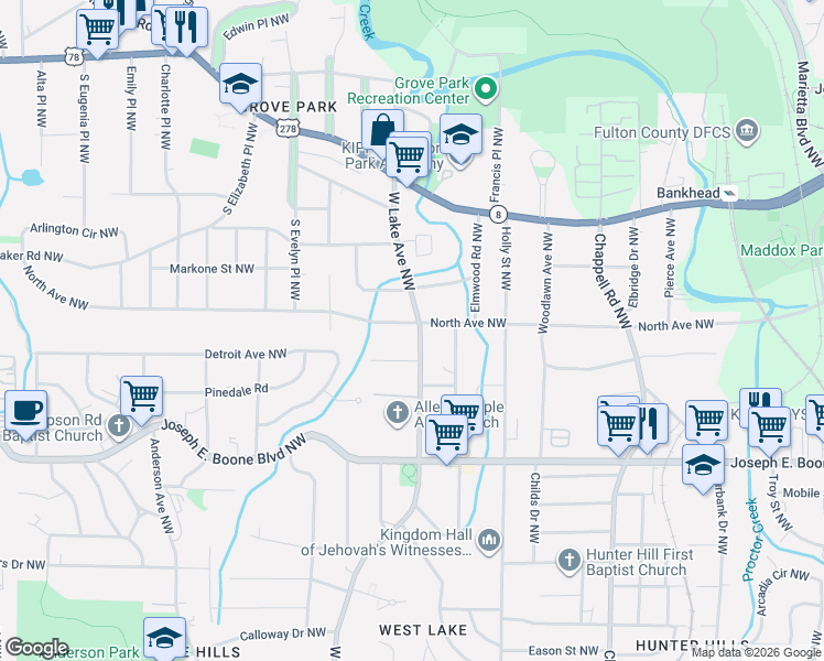 map of restaurants, bars, coffee shops, grocery stores, and more near in Atlanta
