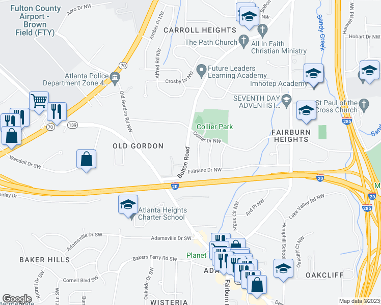 map of restaurants, bars, coffee shops, grocery stores, and more near 491 Bolton Road Northwest in Atlanta