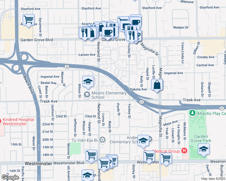 map of restaurants, bars, coffee shops, grocery stores, and more near 8574 Edgebrook Drive in Garden Grove