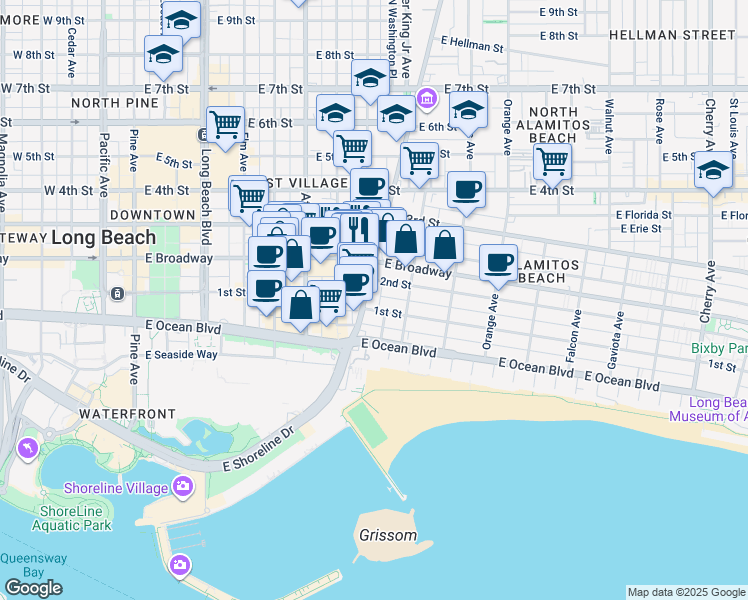 map of restaurants, bars, coffee shops, grocery stores, and more near 150 Alamitos Avenue in Long Beach