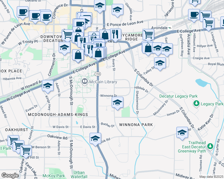 map of restaurants, bars, coffee shops, grocery stores, and more near 223 Avery Street in Decatur